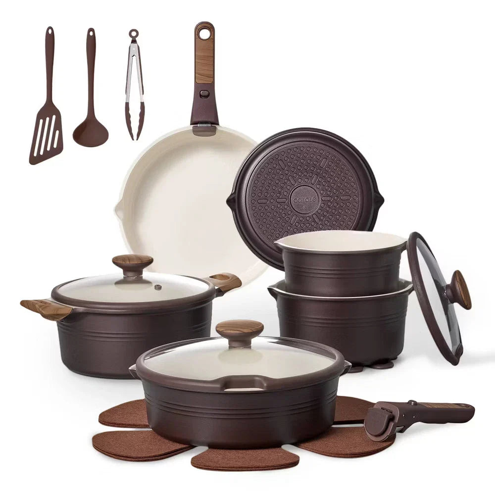 24pc Ceramic Nonstick Cookware Set with Detachable Handle Brown