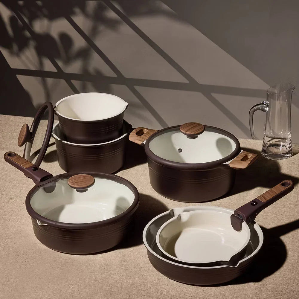 24pc Ceramic Nonstick Cookware Set with Detachable Handle Brown